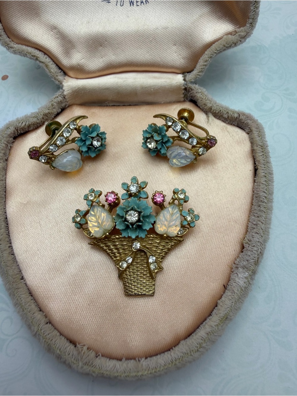 Vintage Floral Bouquet Clip-On Earrings and Brooch Set in box